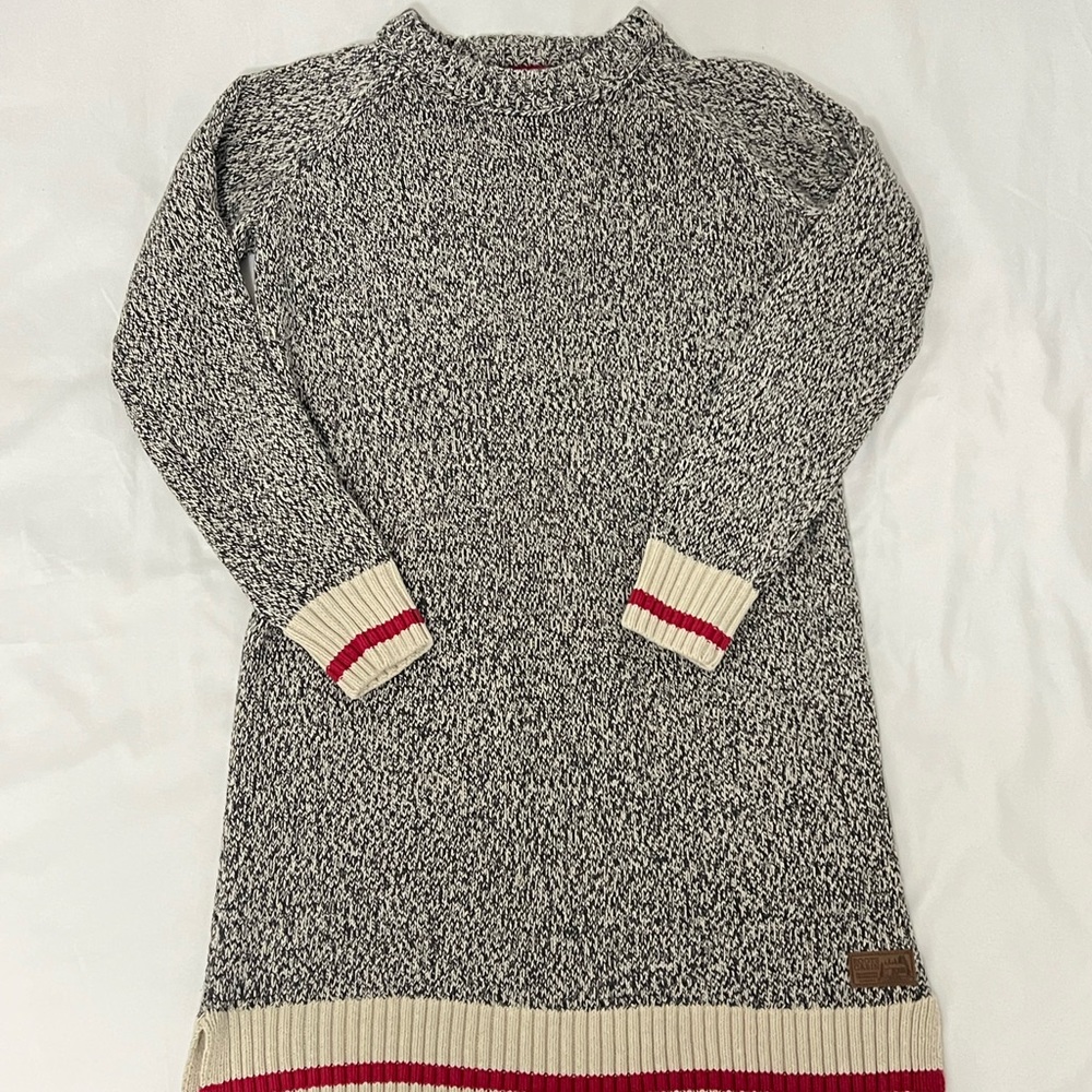 Roots Cabin Grey & White Marled Long Sleeve Sweater Dress with Cream & Red Trim